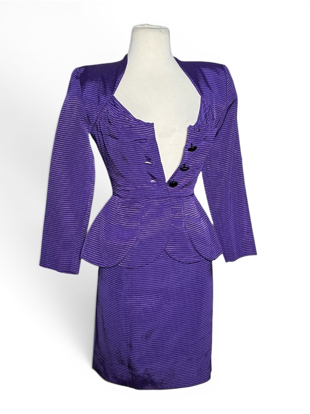 Vintage 1980s Vicky Tiel Couture Peplum Silk 2pc Blazer & Skirt Set Size Xs
